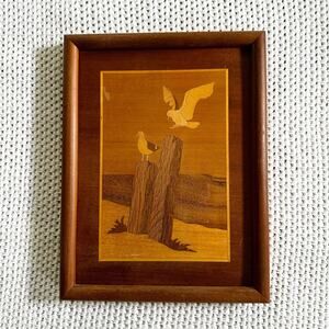 Wood Inlaid Marquetry Craftsman Seascape Perched Seagulls Frame Artwork Unsigned